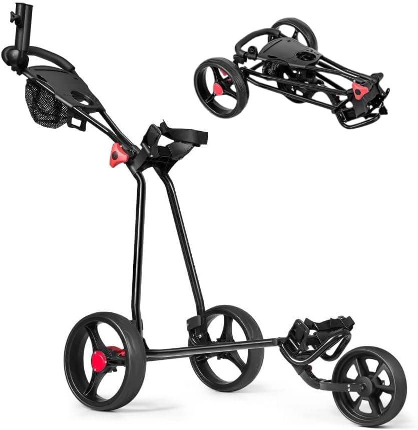 GYMAX Golf Trolley, Folding 3 Wheel Golf Push Cart with Foot Brake