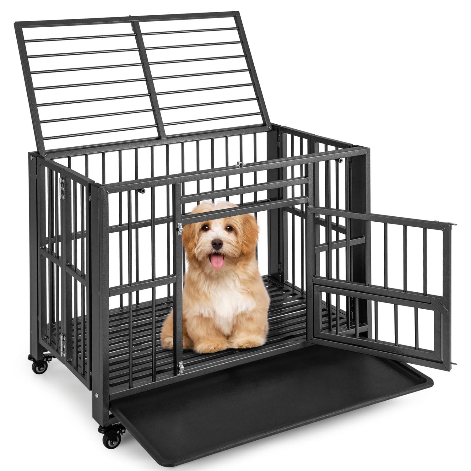 3-Door Heavy Duty Movable Dog Cage with Lockable Universal Wheels