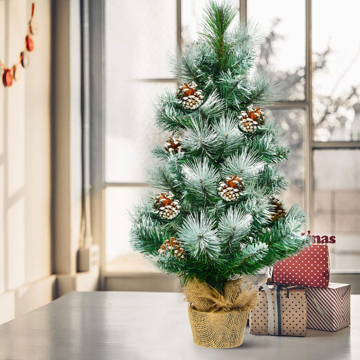 GYMAX 2FT Artificial Mini Tabletop Christmas Tree with Base