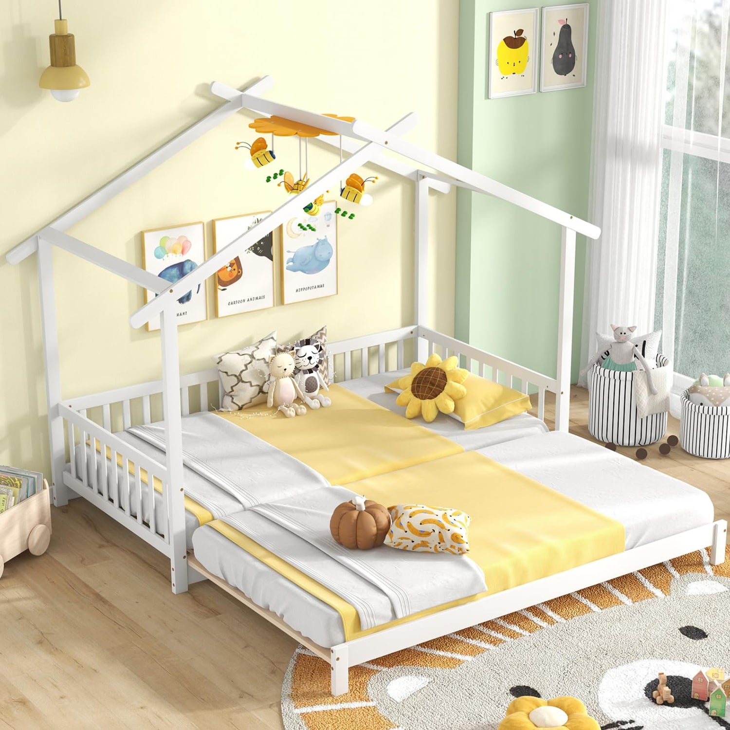 GYMAX Wooden Kids Bed Frame with Safety Guardrails and Roof