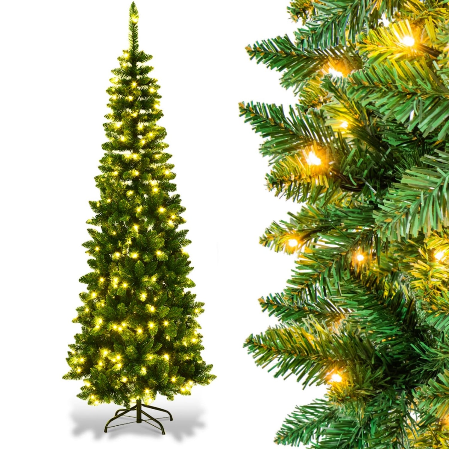 GYMAX 7.5FT Premium Hinged Artificial Pencil Tree with Warm White LED Lights