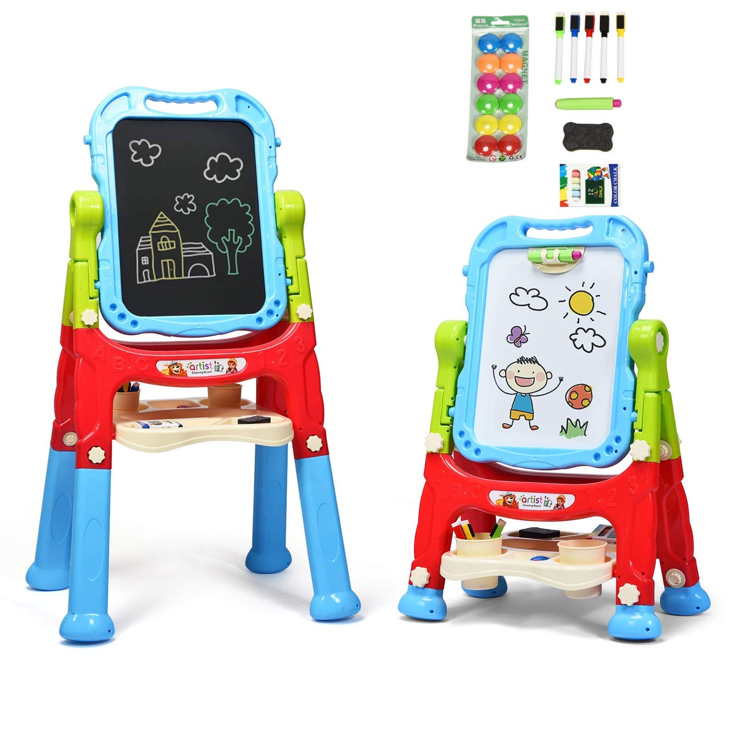 GYMAX Kids Double-Sided Easel, Height Adjustable Standing Drawing Board with Magnetic Beads, 61 x 45 x 109cm