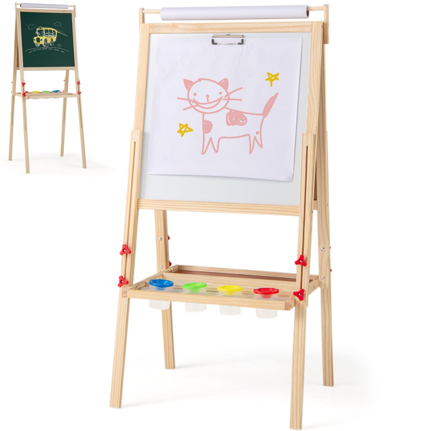 GYMAX Wooden Kids Easel, Height Adjustable Toddler Easel with Whiteboard