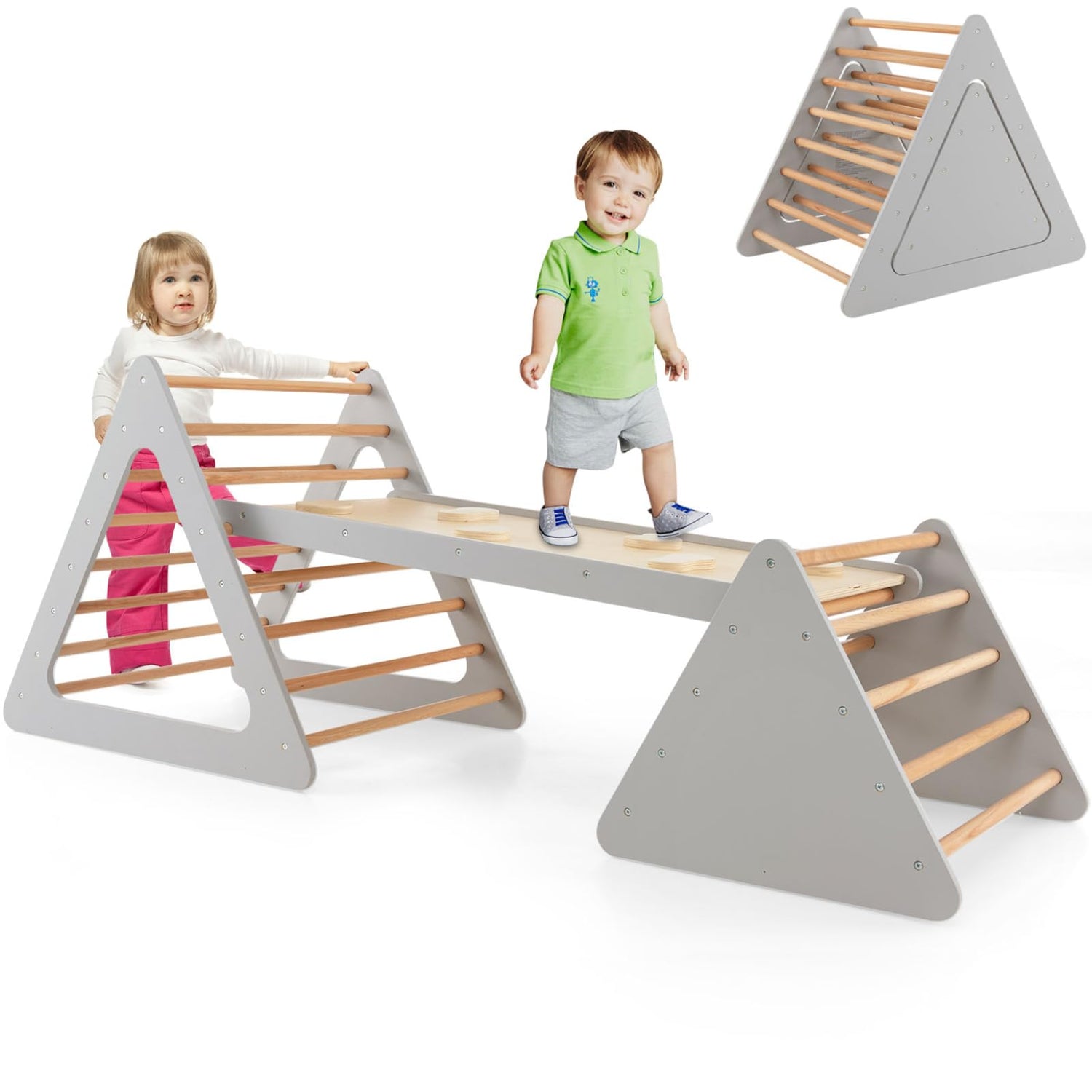 GYMAX 3 in 1 Kids Climbing Set, Wooden Toddler Climbing Frame with Ramp