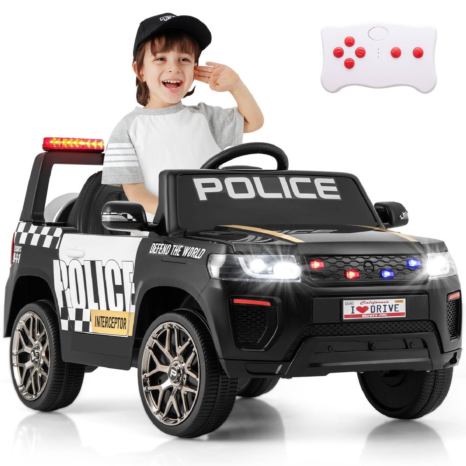 GYMAX Kids Ride on Police Car, 12V Battery Powered Car with Remote Control