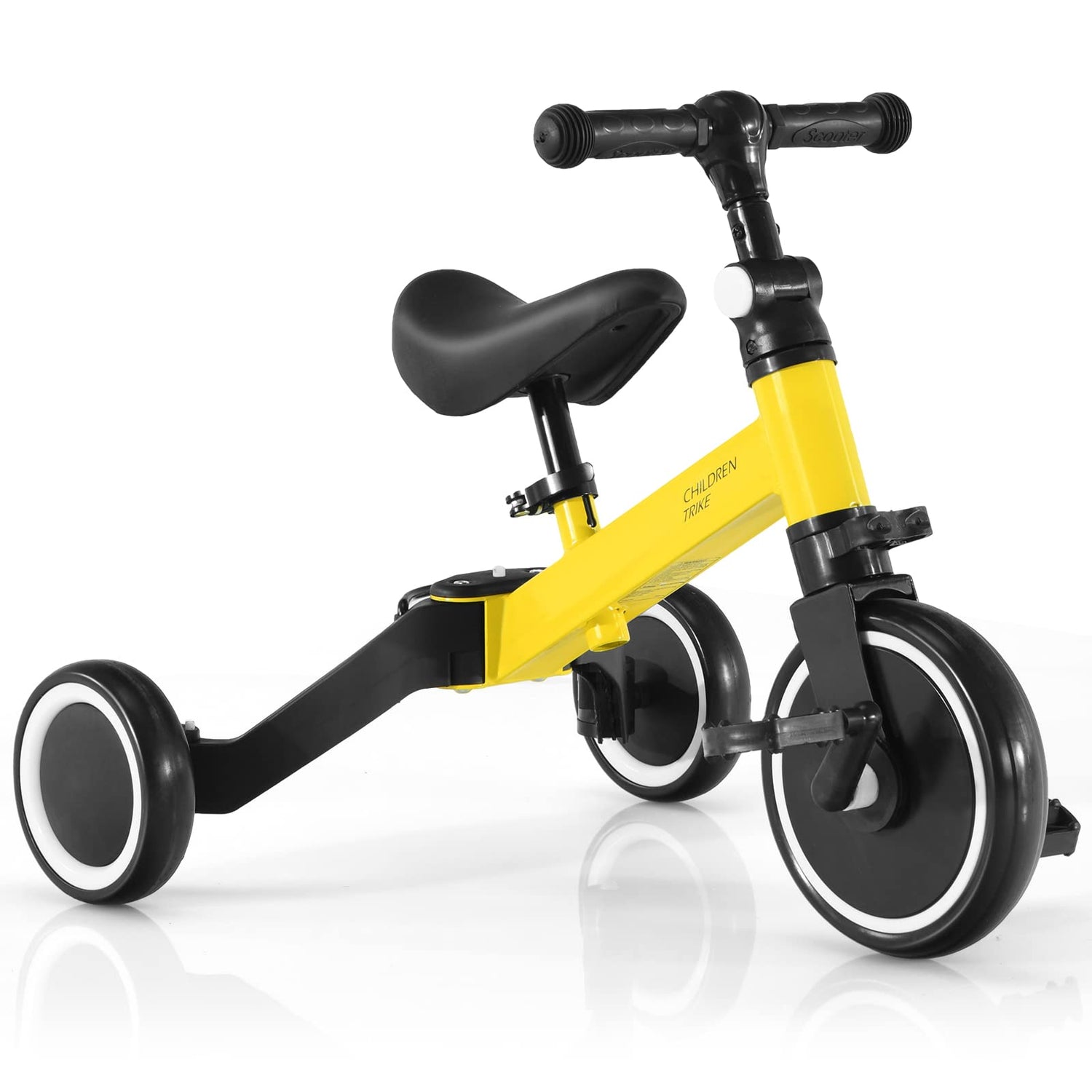 GYMAX 3 in 1 Kids Trike, Folding Baby Tricycle with Adjustable Handlebar and PU Seat, 3 Wheels Toddler Bike for 1-4 Years Old Boys Girls (Yellow)