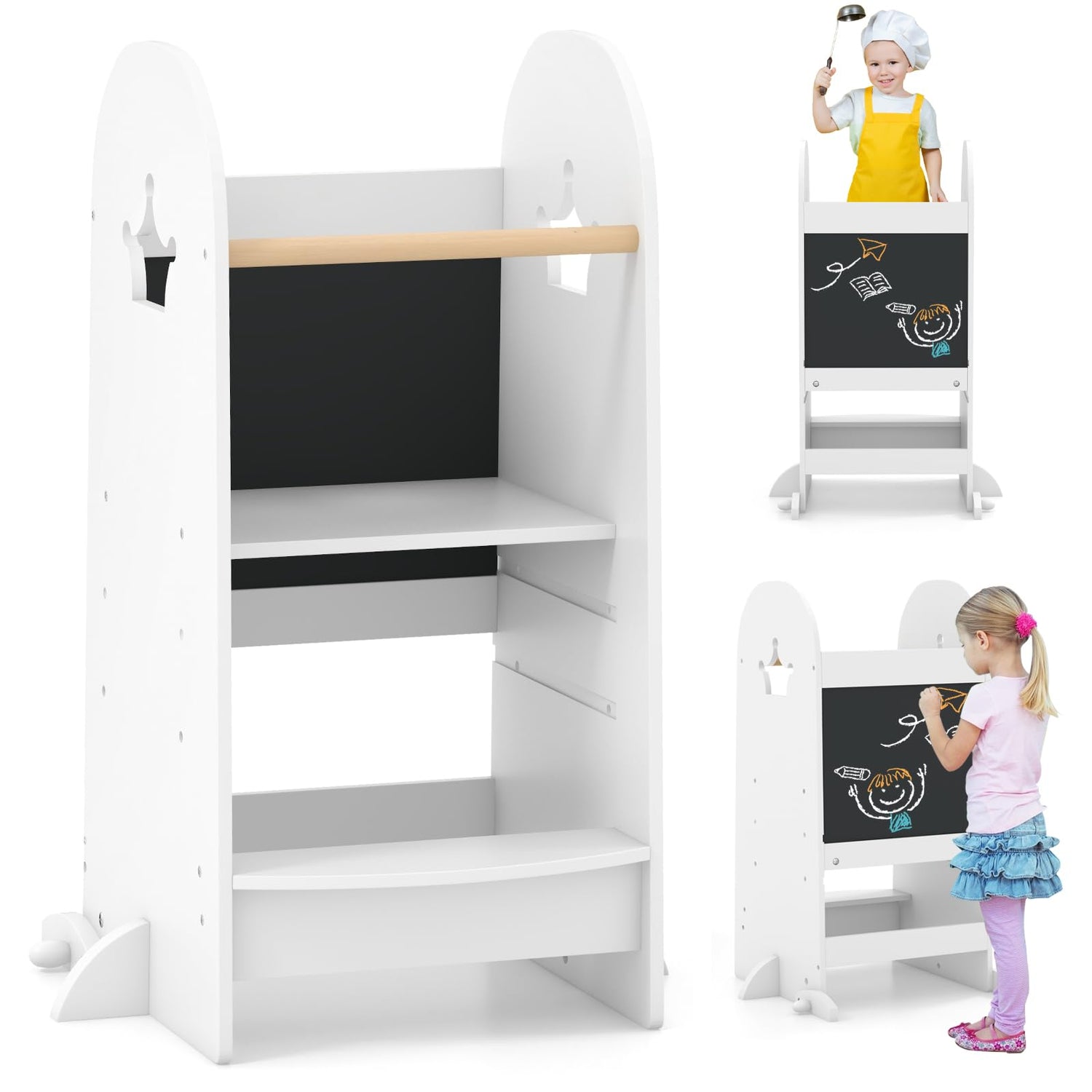 GYMAX Wooden Kitchen Helper Stand with Adjustable Height