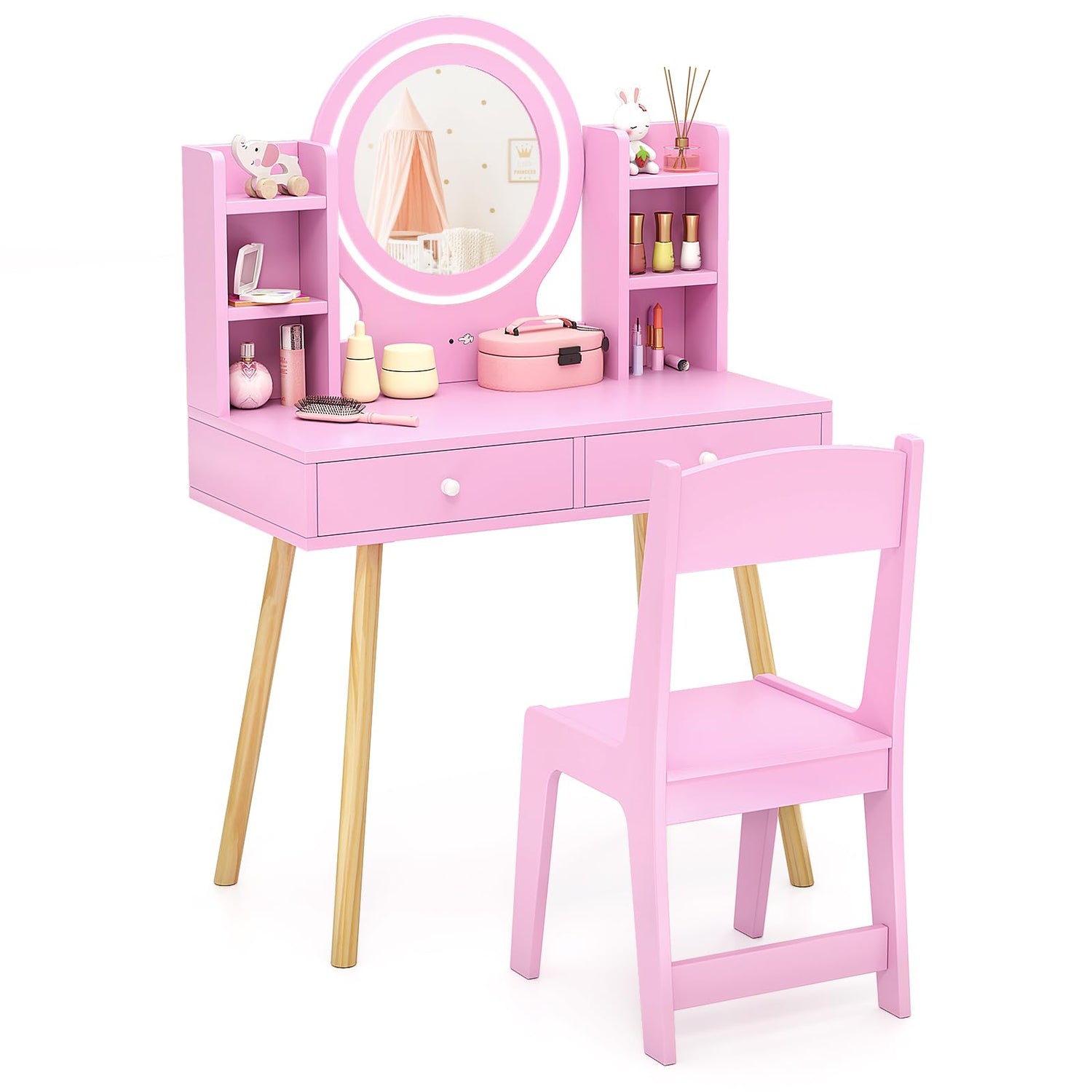 GYMAX Wooden Girls Dressing Tables with 2-Color LED Lighted Mirror