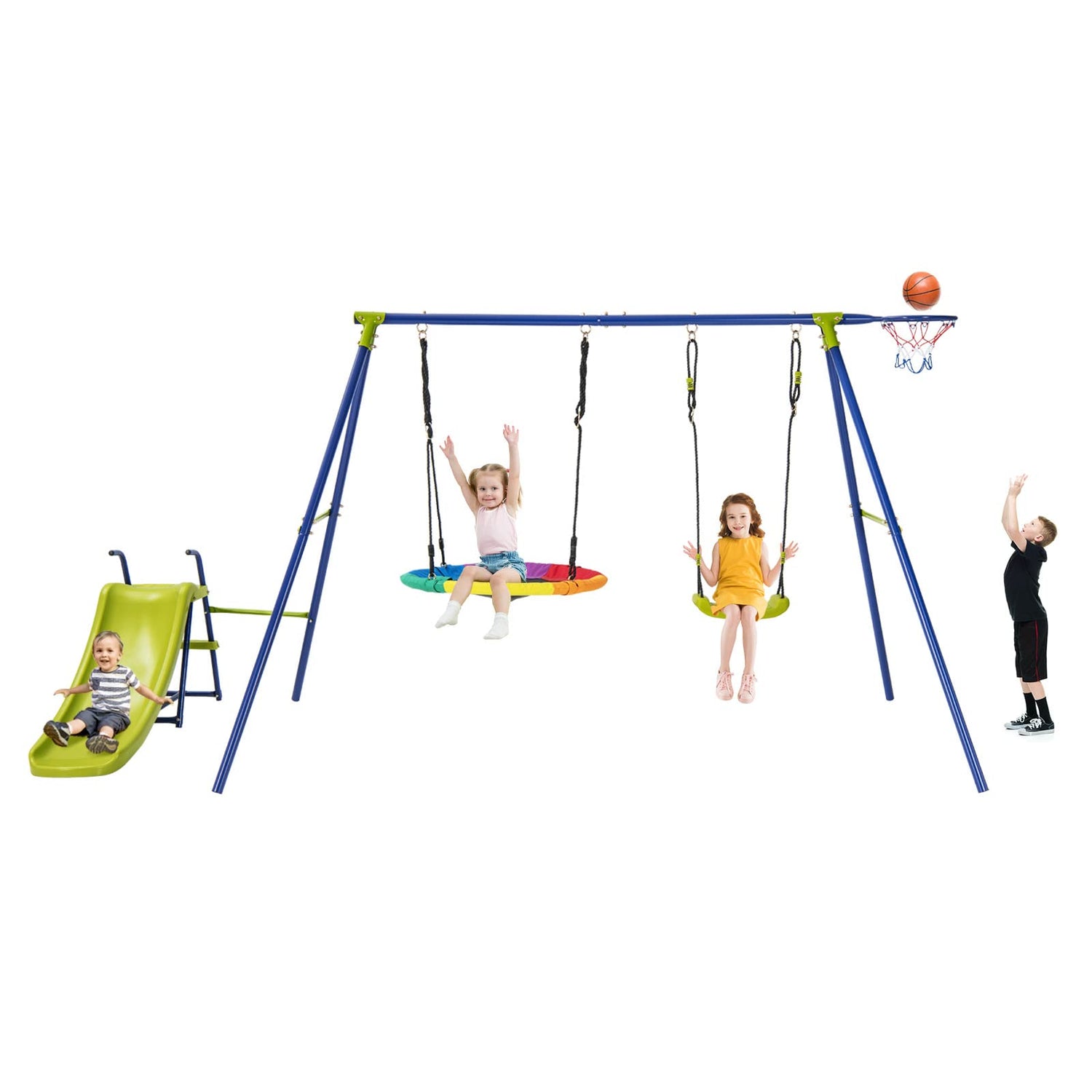GYMAX 4 in 1 Kids Swing Set with Slide& Basketball Hoop