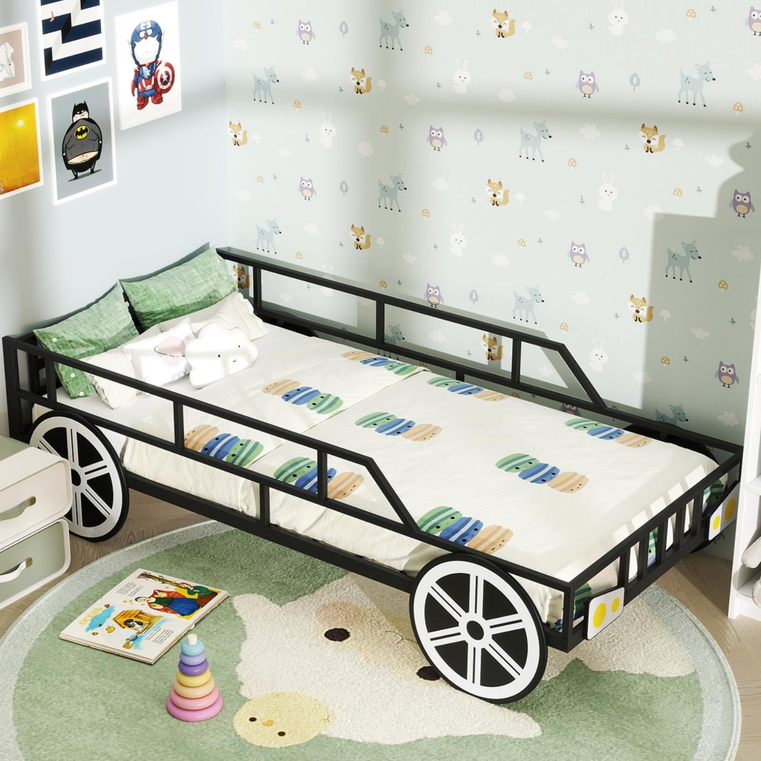 GYMAX Metal Children Platform Bed with Guardrails