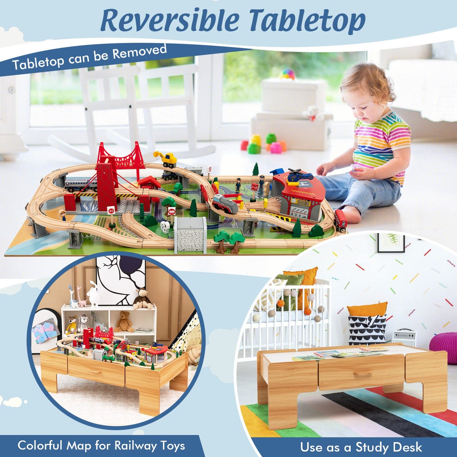 GYMAX 2 in 1 Kids Wooden Train Track Set and Table
