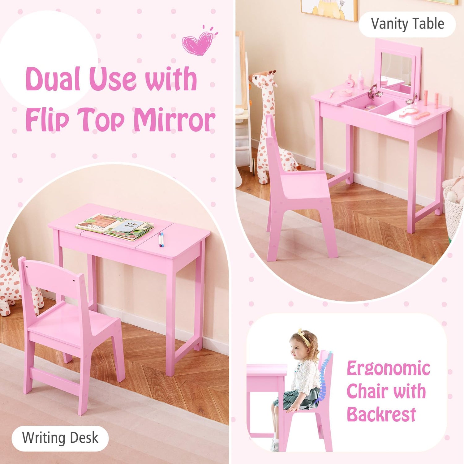 GYMAX 2 in 1 Children Makeup Desk with Flip Top Mirror
