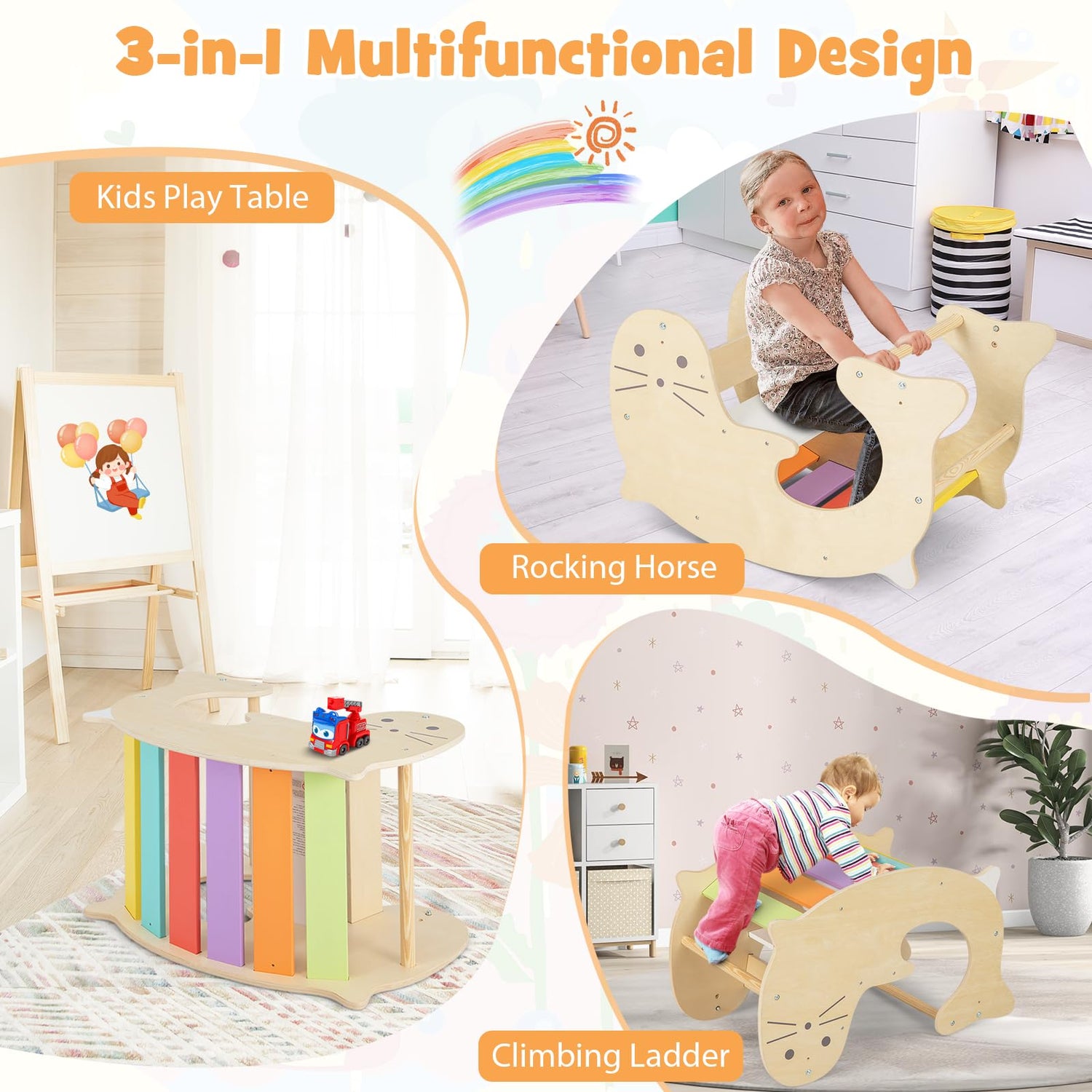 3 in 1 Kids Wooden Arch Climbing Frame with Sea Lion Pattern