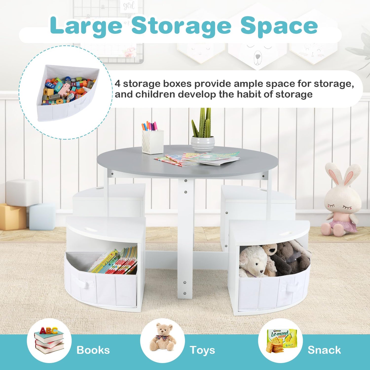 GYMAX Kids Table with 4 Chairs, Wooden Children Activity Desk with 4 Storage Stools