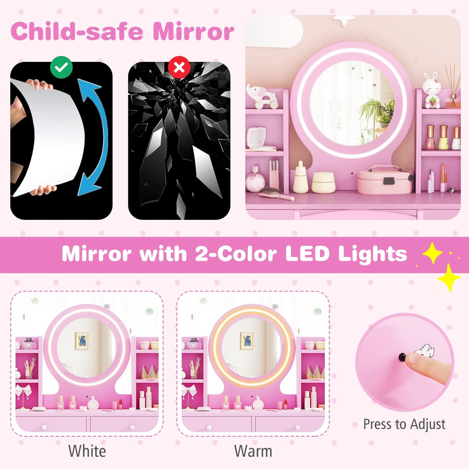 GYMAX Wooden Girls Dressing Tables with 2-Color LED Lighted Mirror