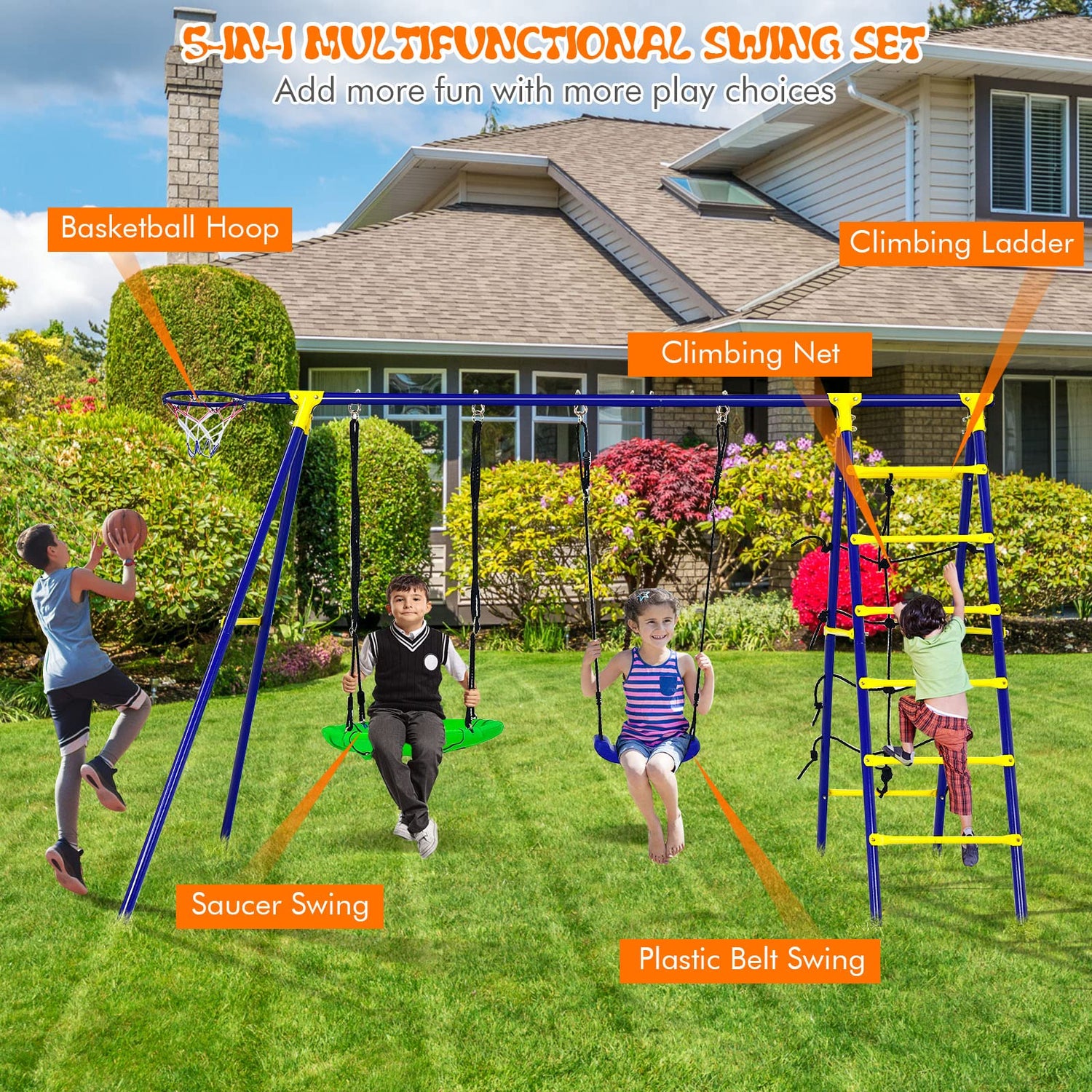 GYMAX Kids Swing Set Metal Swing A-Frame with 2 Swings