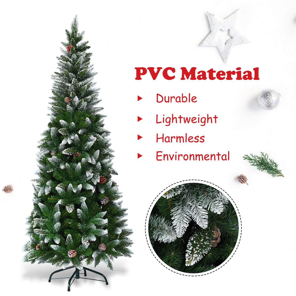 GYMAX Snow Flocked Pencil Christmas Tree with Pine Cones and Metal Stand