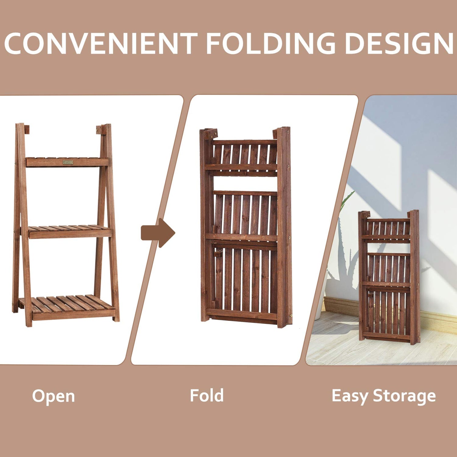 GYMAX Folding Plant Ladder Display Stand with Hollow-out Shelf