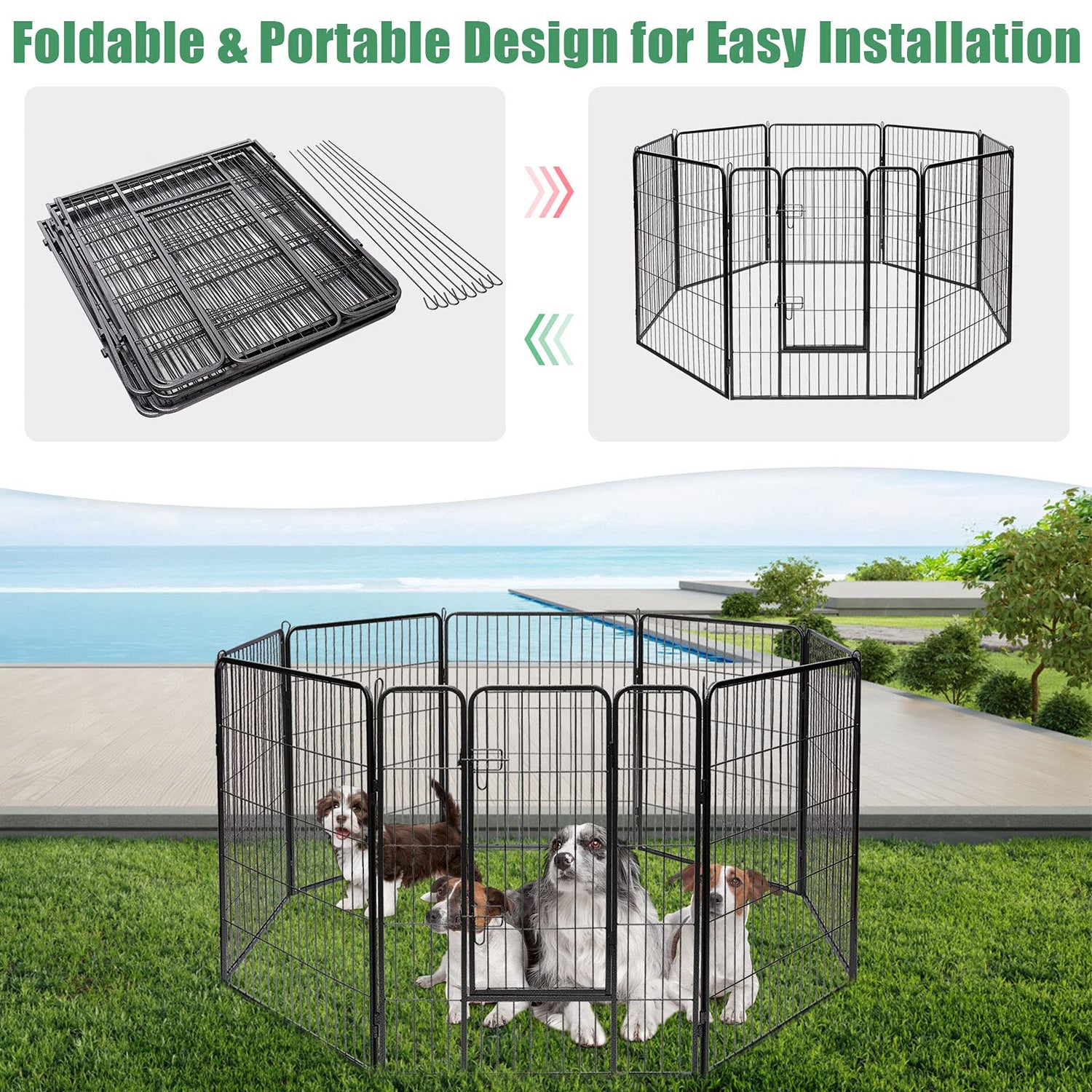 120CM Folding 8 Panel Metal Play Fence Kennel Enclosure with Rounded Safe Edges