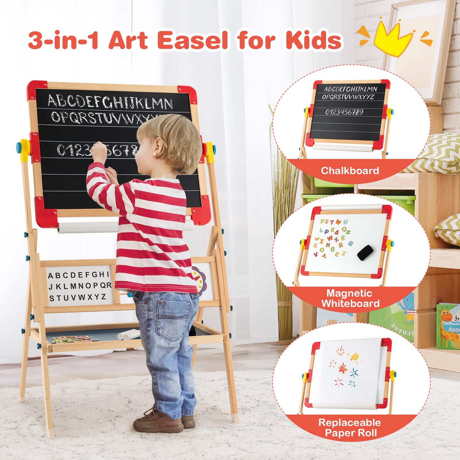 GYMAX Wooden Kids Easel, Double Sided Whiteboard & Chalkboard Easel