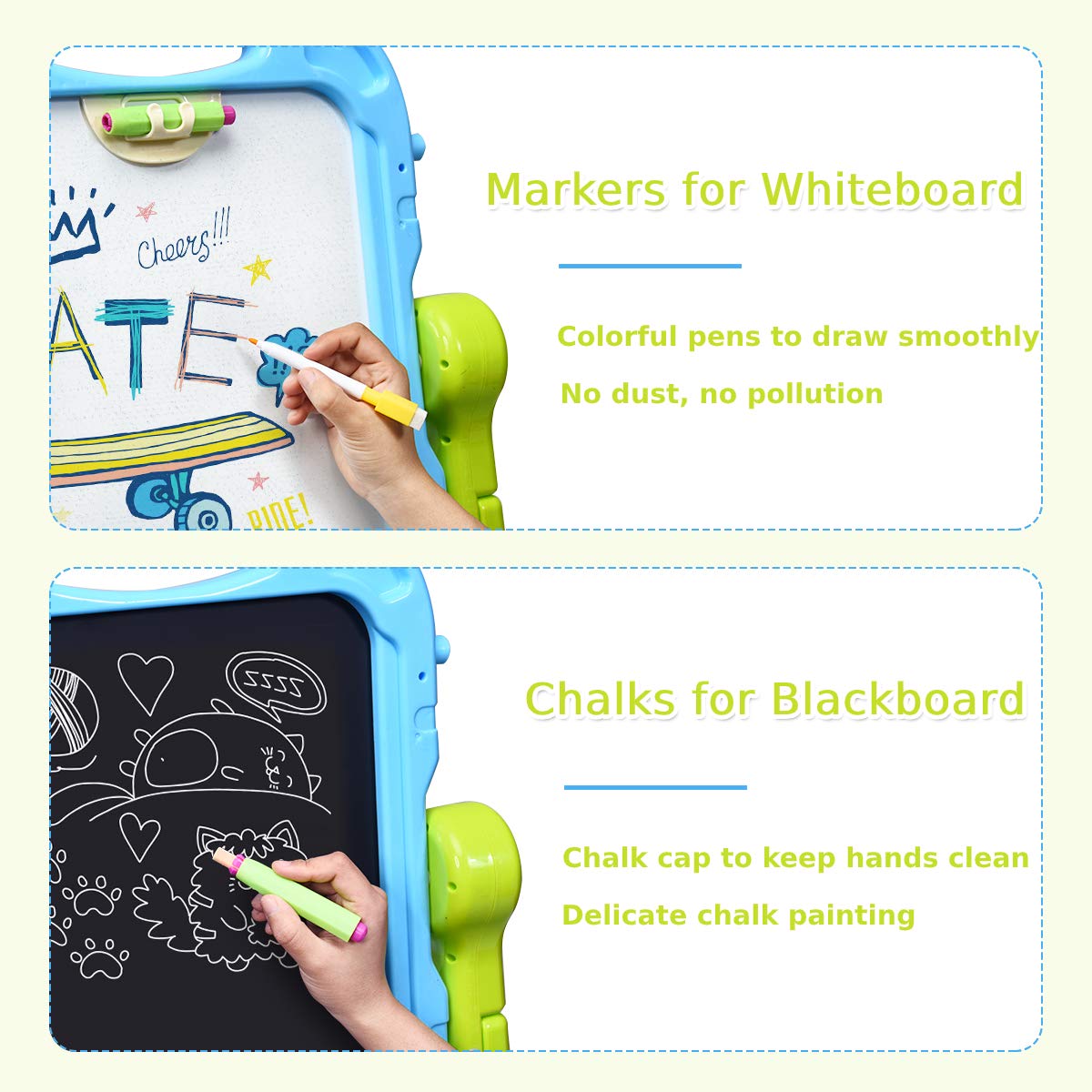GYMAX Kids Double-Sided Easel, Height Adjustable Standing Drawing Board with Magnetic Beads, 61 x 45 x 109cm