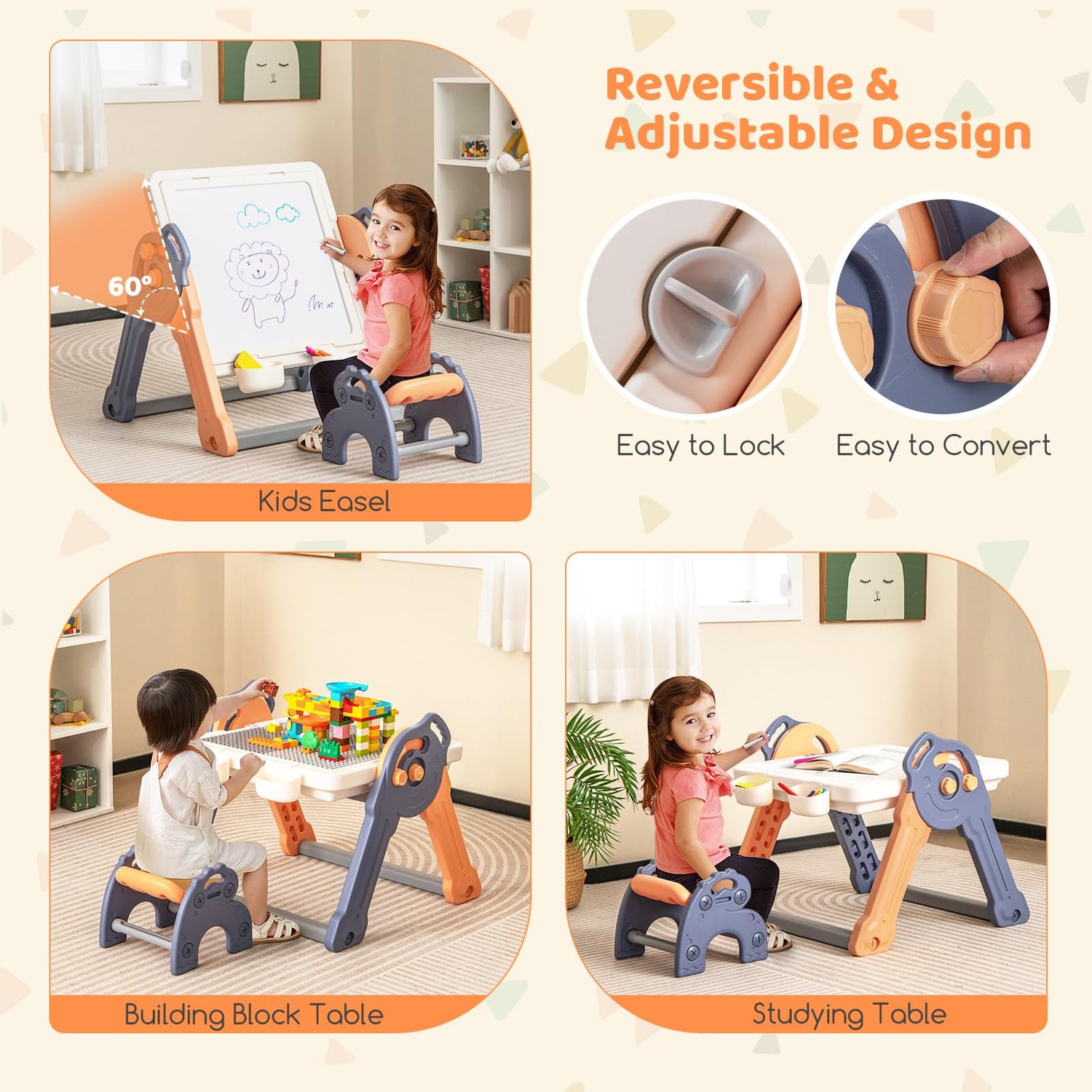 6 in 1 Foldable Toddler Activity Table and Chair Set with Reversible Tabletop
