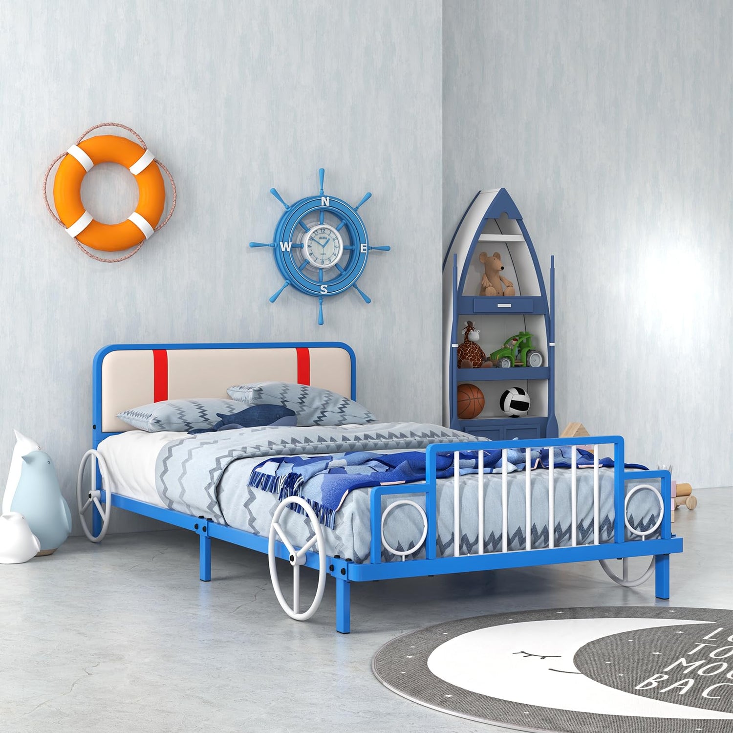 GYMAX Single Kids Bed with Upholstered Headboard & Footboard
