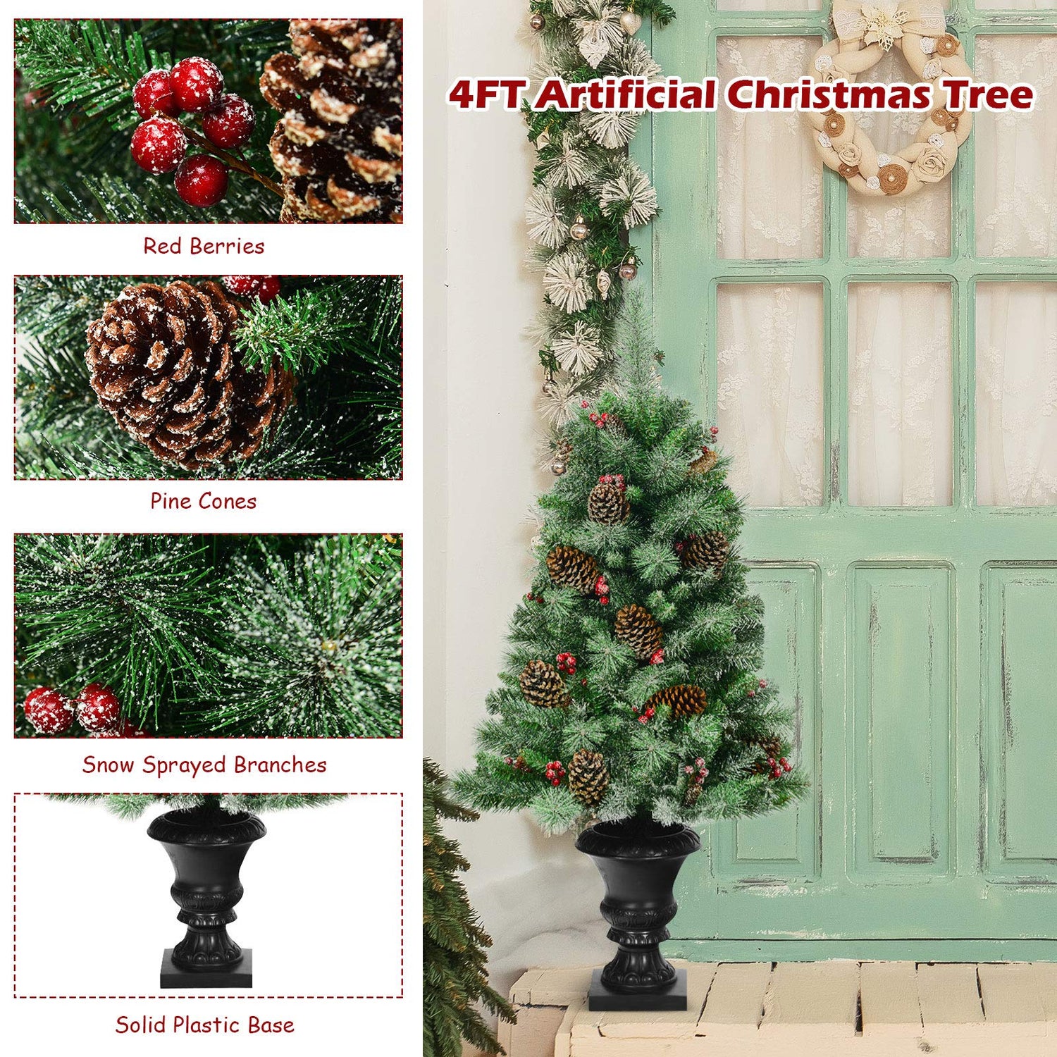 GYMAX 4FT Artificial PVC Christmas Trees with Glittered Branches