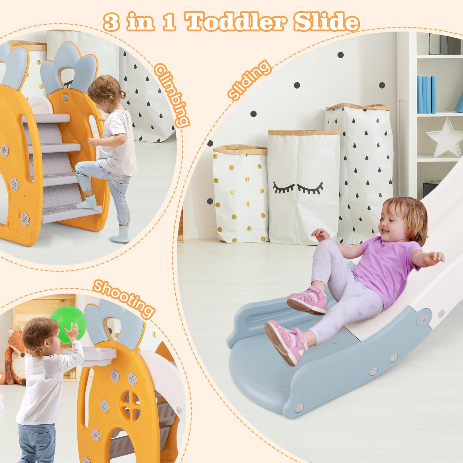 GYMAX 3 in 1 Kids Slide, Foldable Toddler First Slide with Basketball Hoop, Buffer Zone, Handrails