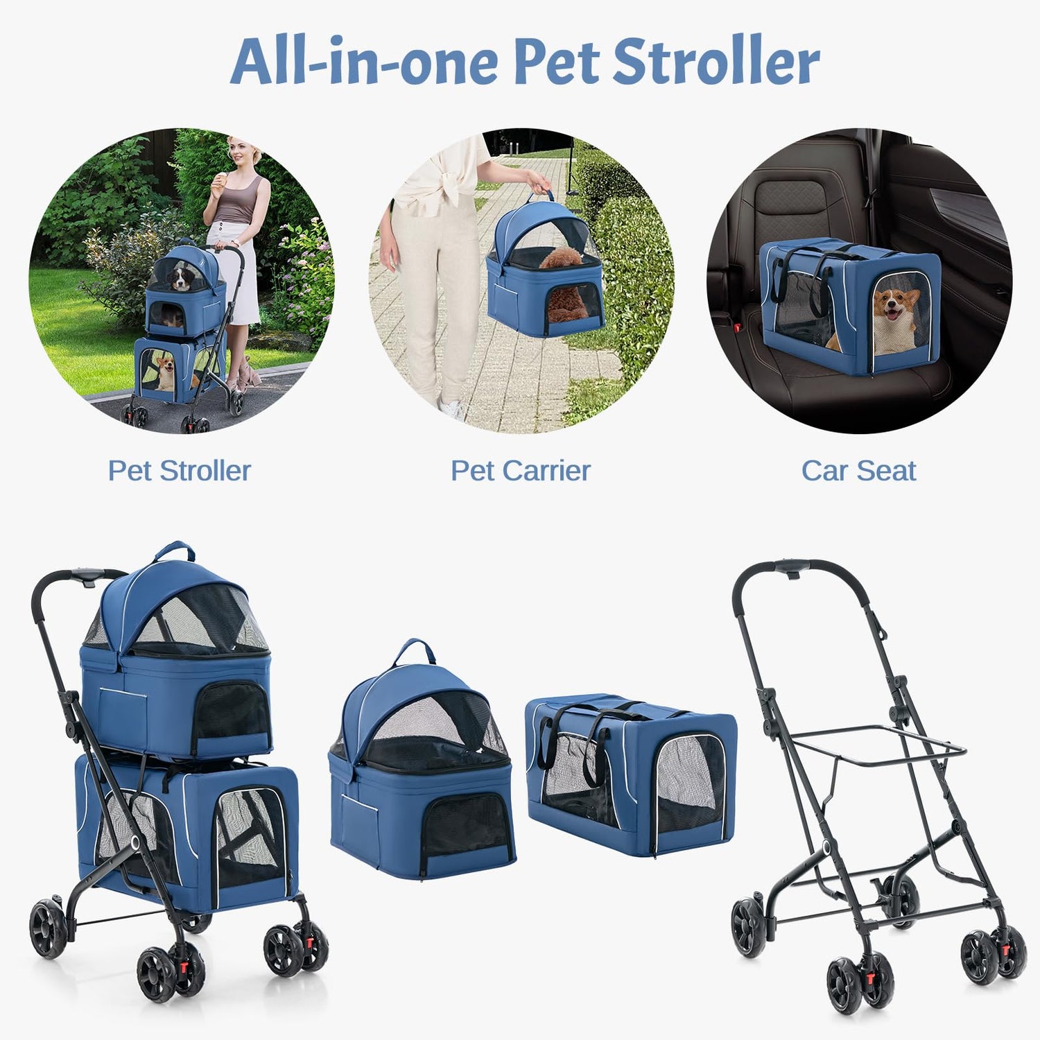 GYMAX Pet Stroller, 3 in 1 Foldable Dog Pushchair Puppy Travel Pram with 2 Removable Carriers