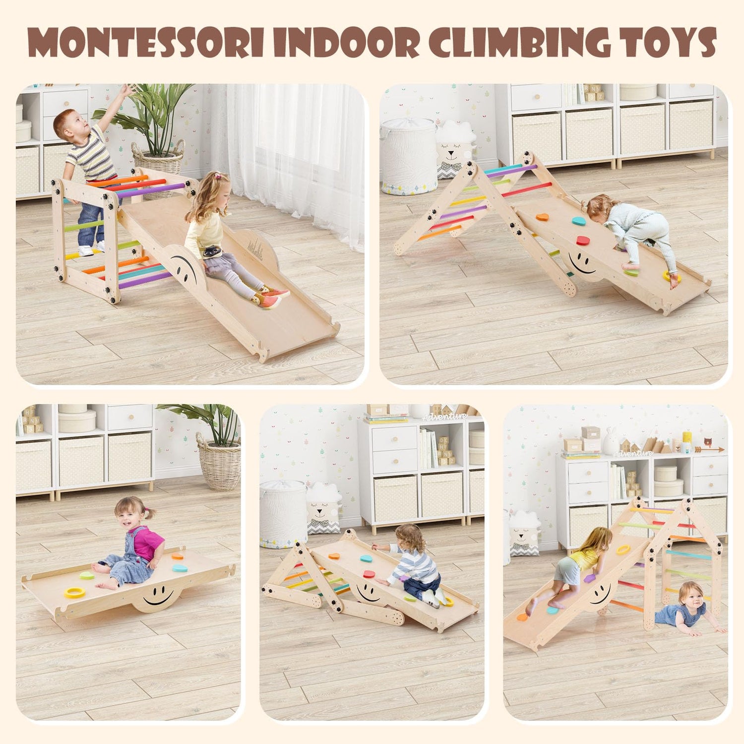 GYMAX 10 in 1 Kids Climbing Set, Foldable Wooden Toddler Climber
