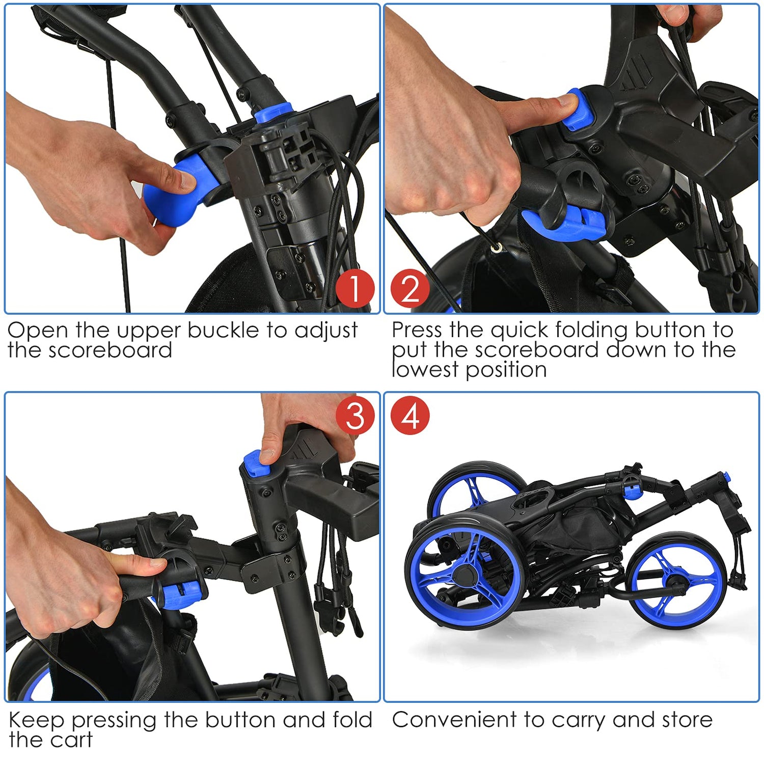 GYMAX 3 Wheels Golf Push Pull Cart, Lightweight Height Adjustable Golf Trolley with Storage Bag