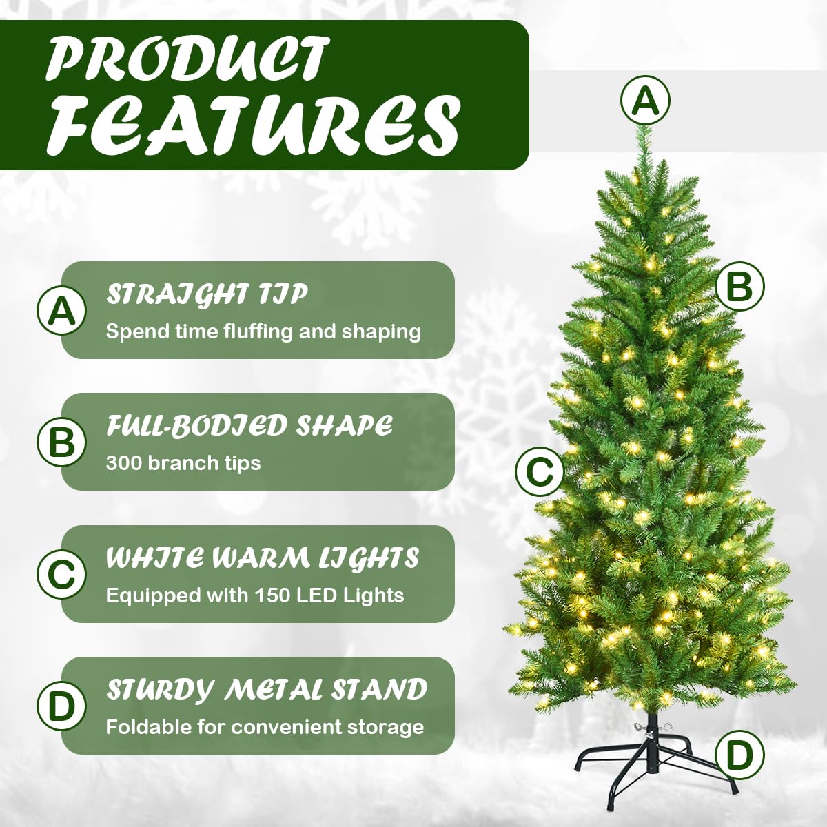 GYMAX 5FT Pre-Lit Premium Hinged Green Christmas Tree