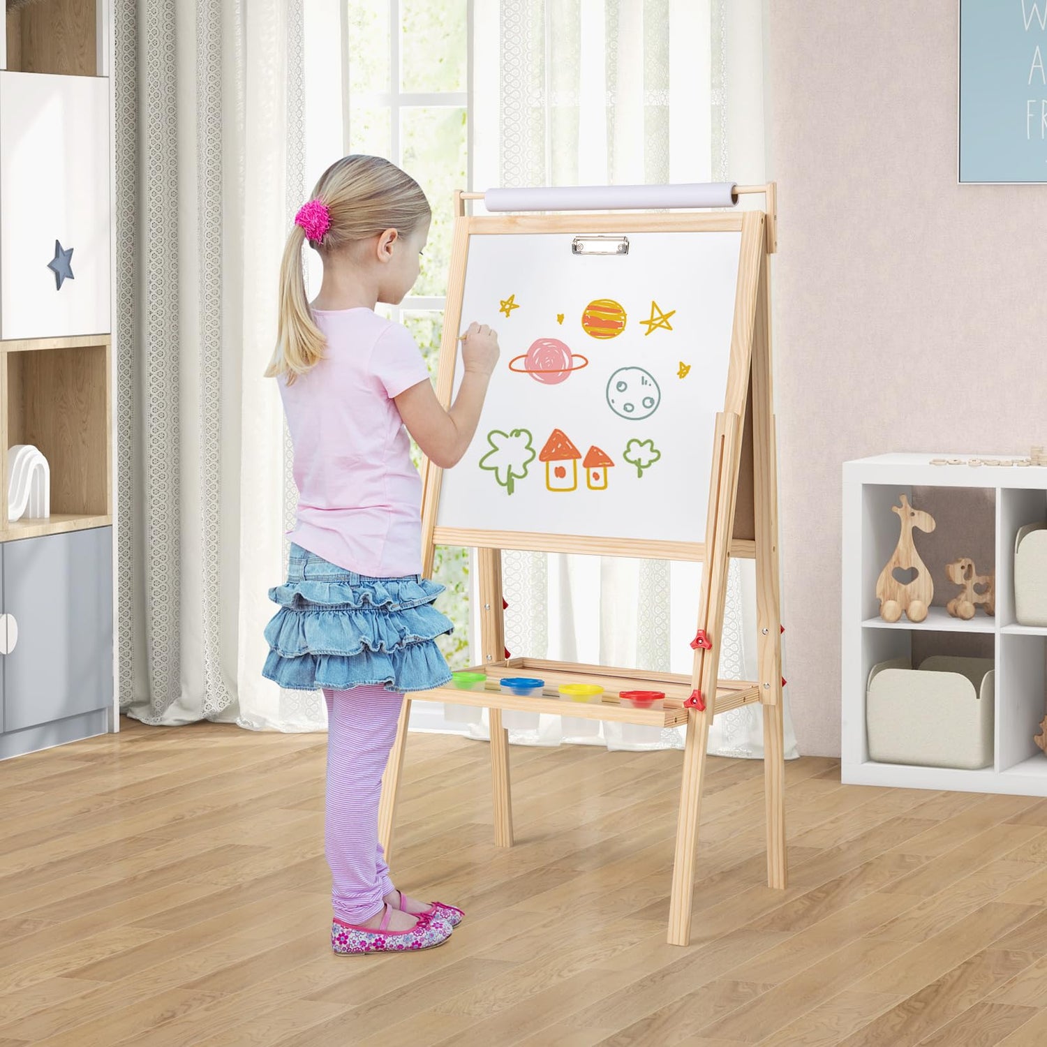 GYMAX Wooden Kids Easel, Height Adjustable Toddler Easel with Whiteboard