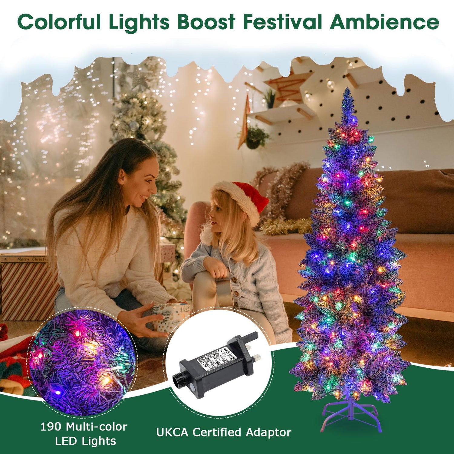 GYMAX 5FT Pre-Lit Slim Pencil Artificial Xmas Tree with LED Lights