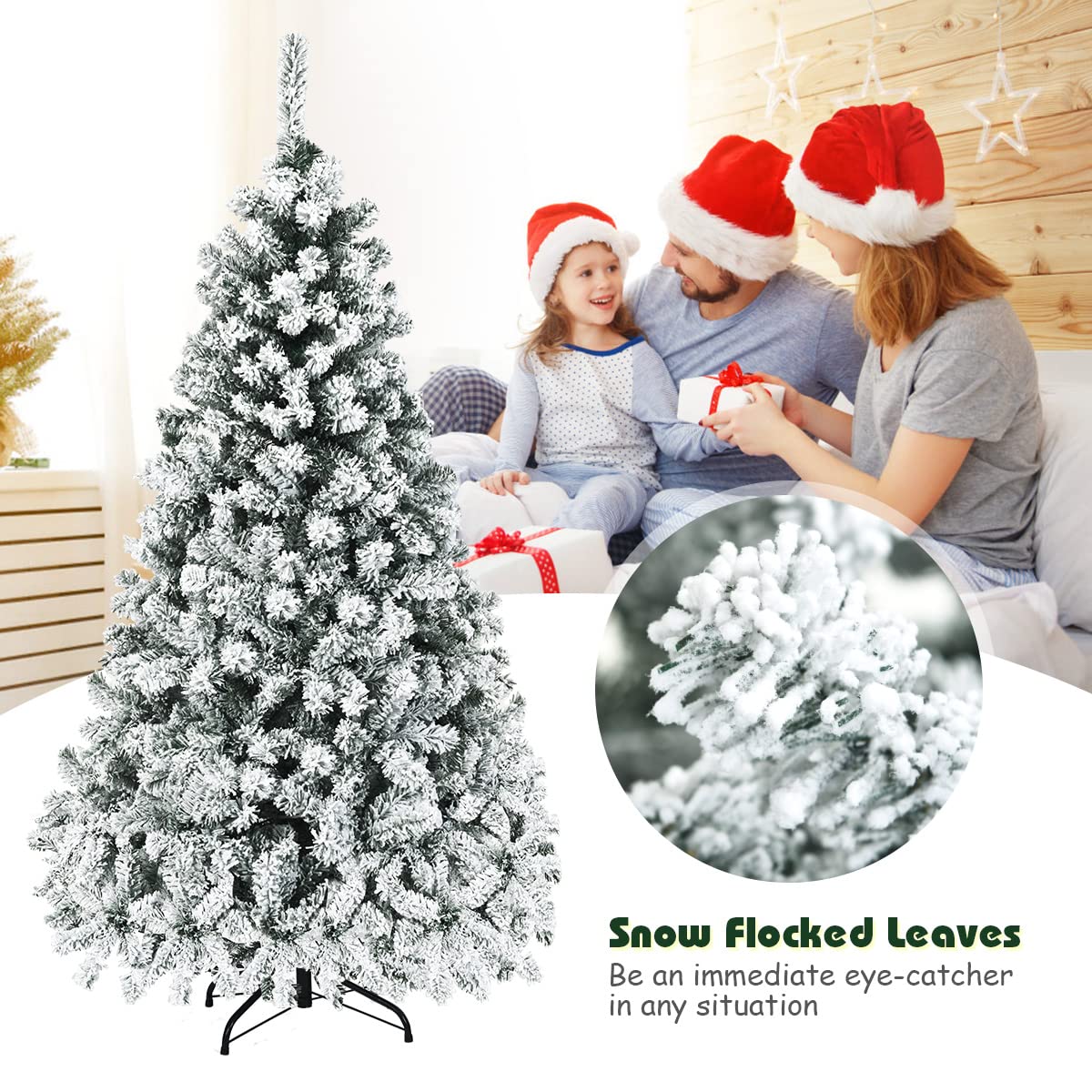 GYMAX 6FT Hinged Artificial Snow Flocked Xmas Tree with 600 Branch Tips
