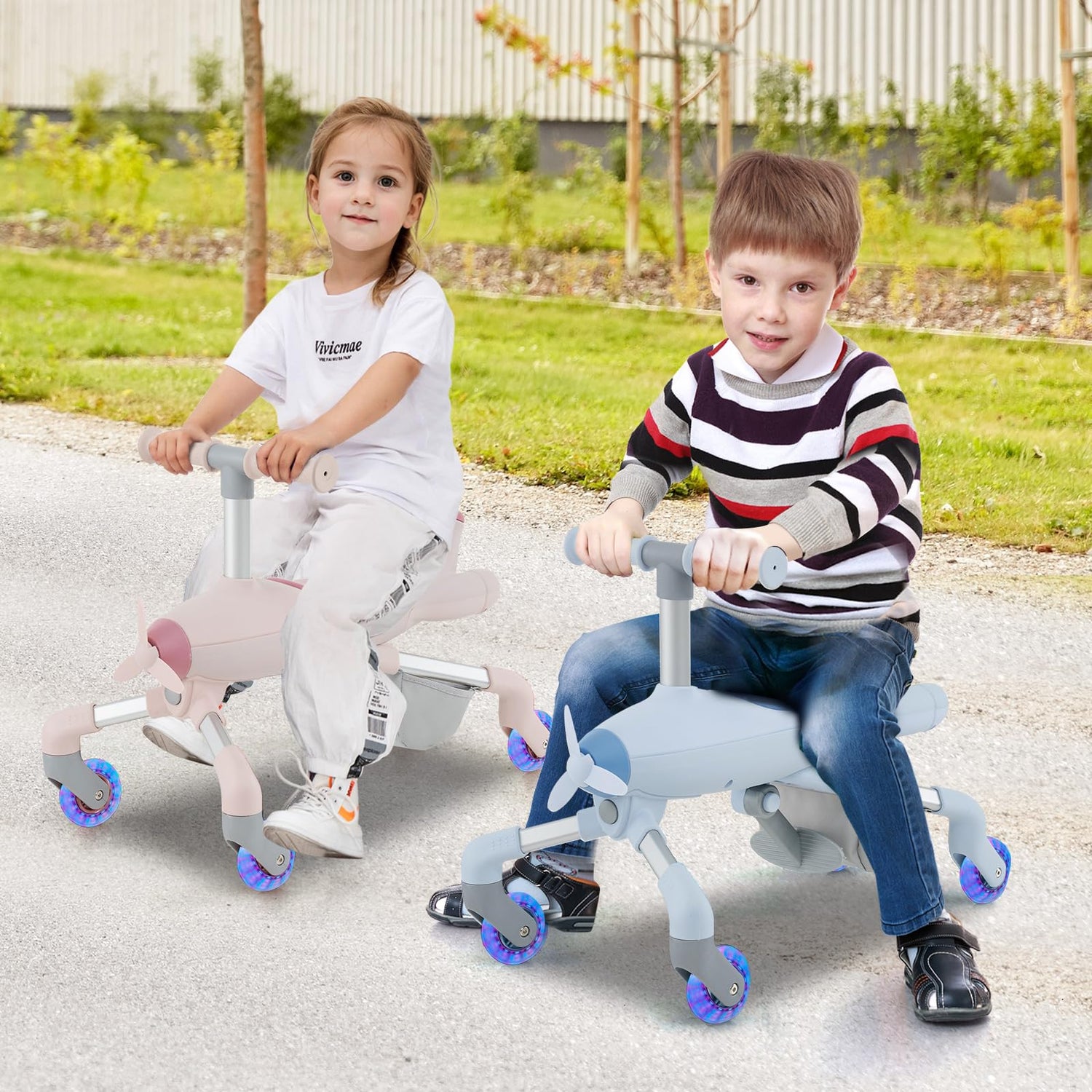 GYMAX 2 in 1 Kids Ride on Push Car, Push Along Car with Adjustable Handle, LED Lighted Wheels