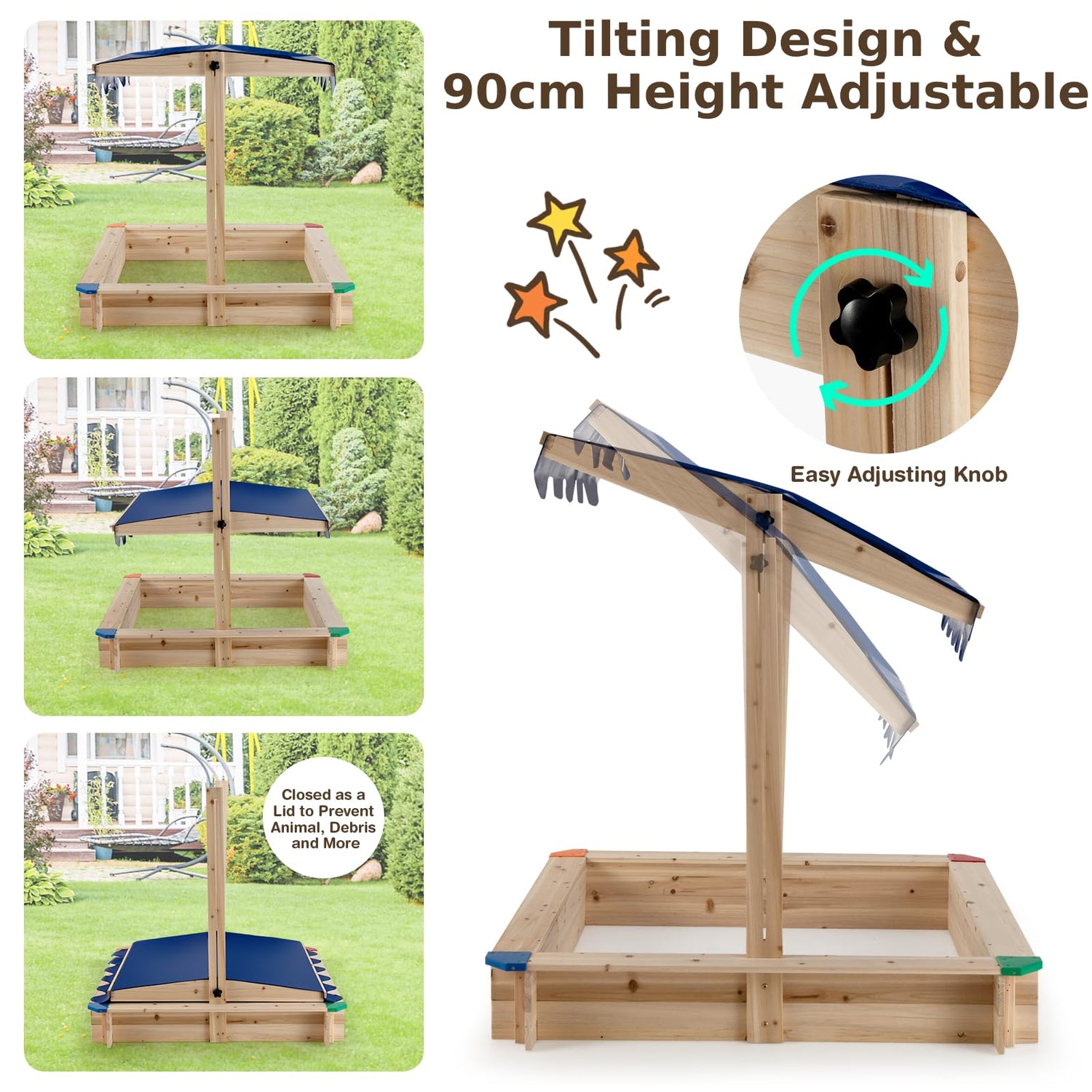 GYMAX Wooden Kids Sandbox, Outdoor Children Sandpit with Adjustable Canopy