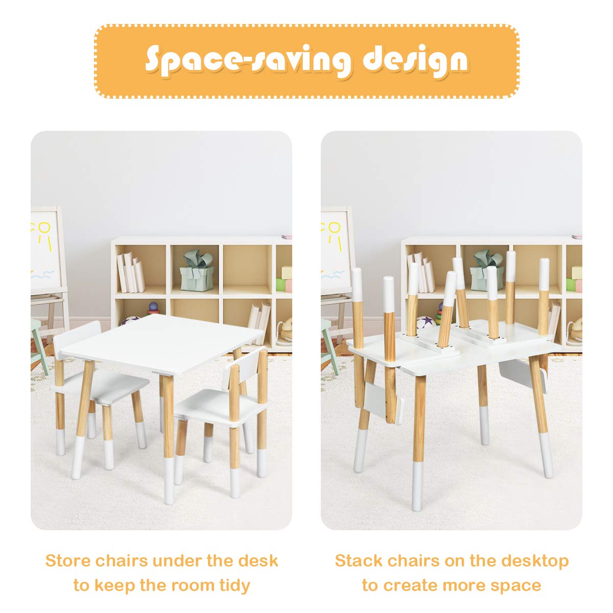 GYMAX Children Activity Table with 2 Chairs and Pine Wood Legs
