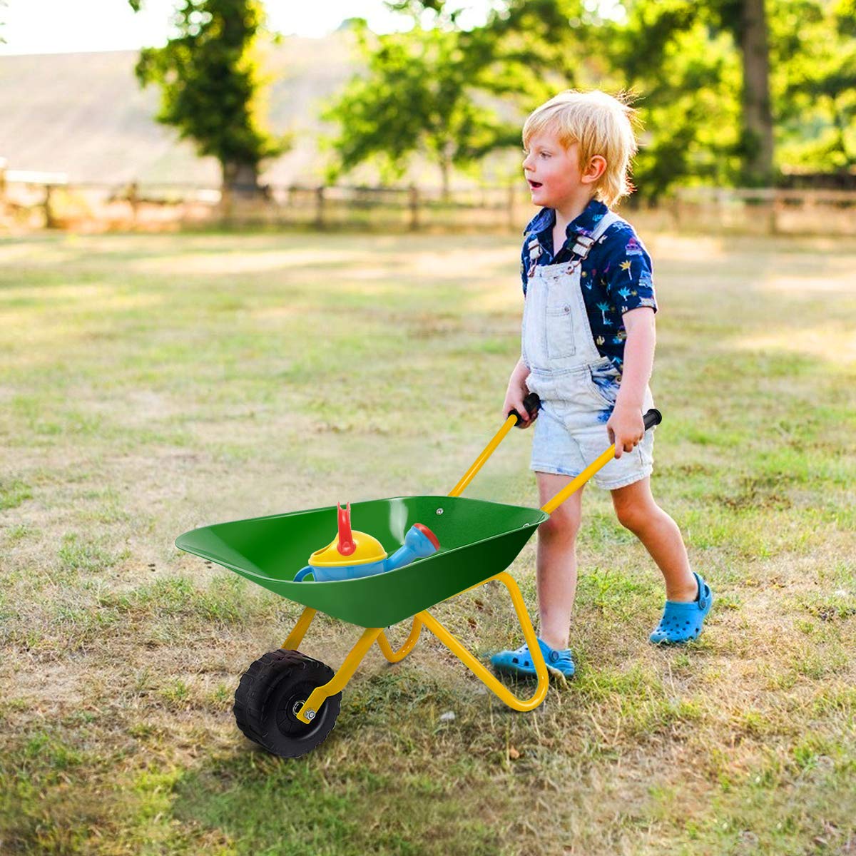 GYMAX Kids Metal Wheelbarrow, Child Gardening Trolley Toy, Indoor Outdoor Play Tools for Children, Toddlers, Boys and Girls