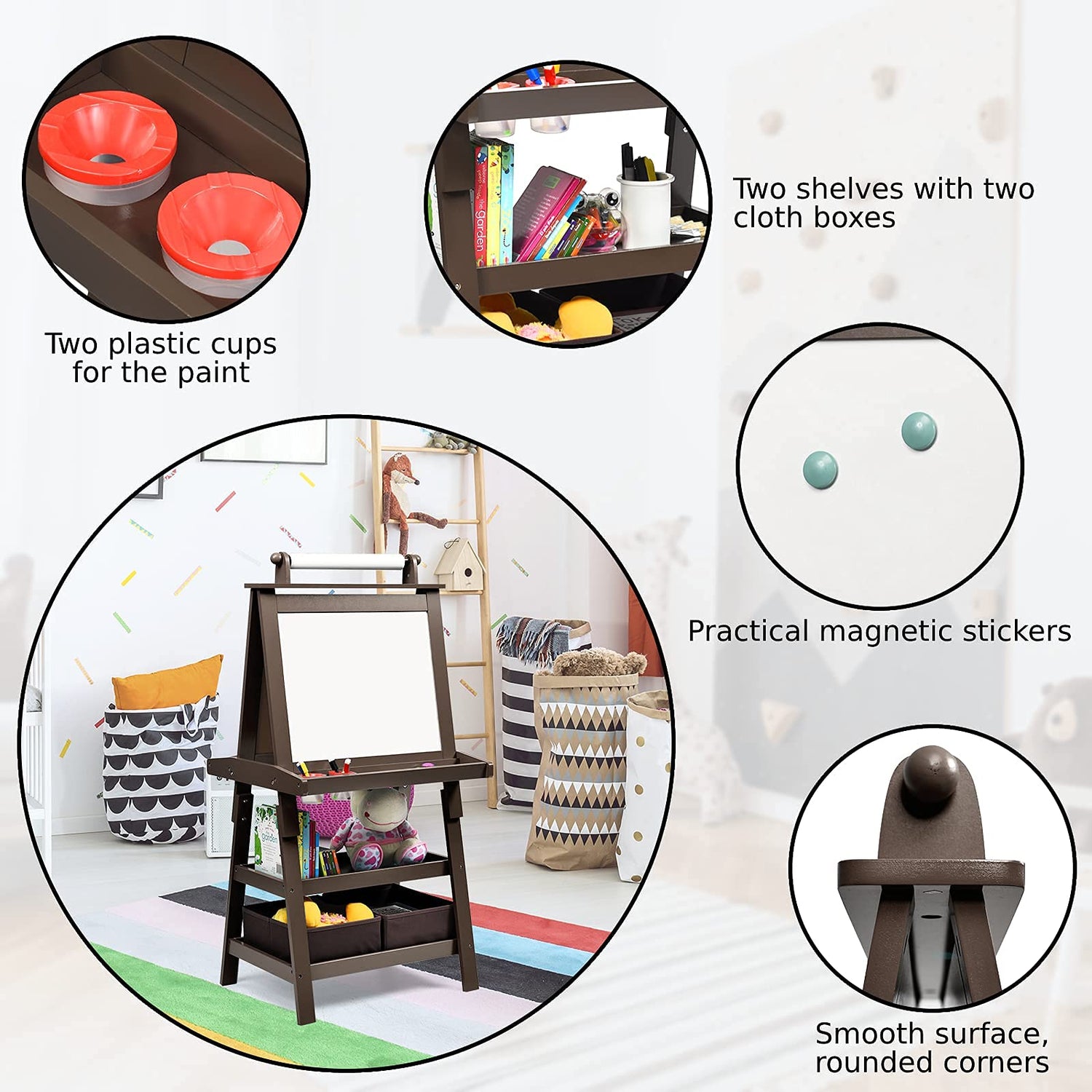GYMAX Wooden Kids Easel, Double Sided Whiteboard & Chalkboard Painting Easel with Paper Roll