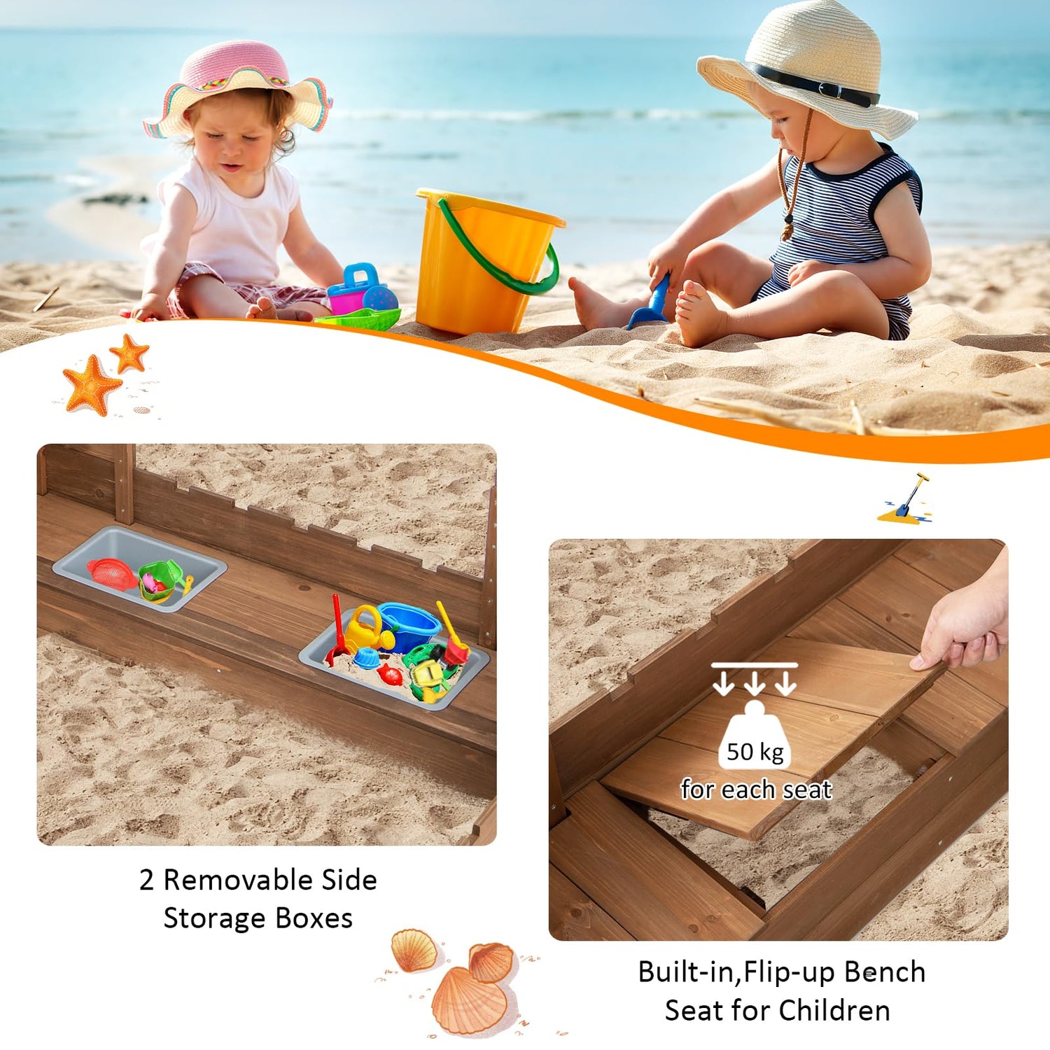 GYMAX Wooden Kids Sandbox, Children Outdoor Sandpit with Built-in Bench Seats