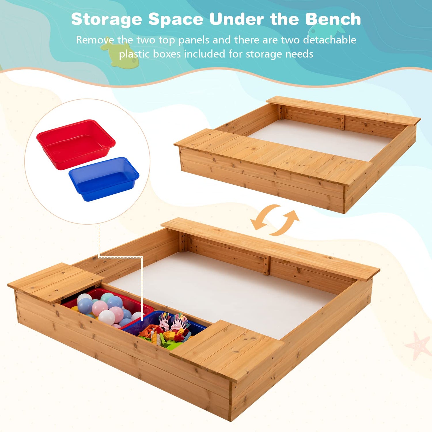 Outdoor Wooden Kids Sandbox with Bench Seat and 2 Removable Boxes
