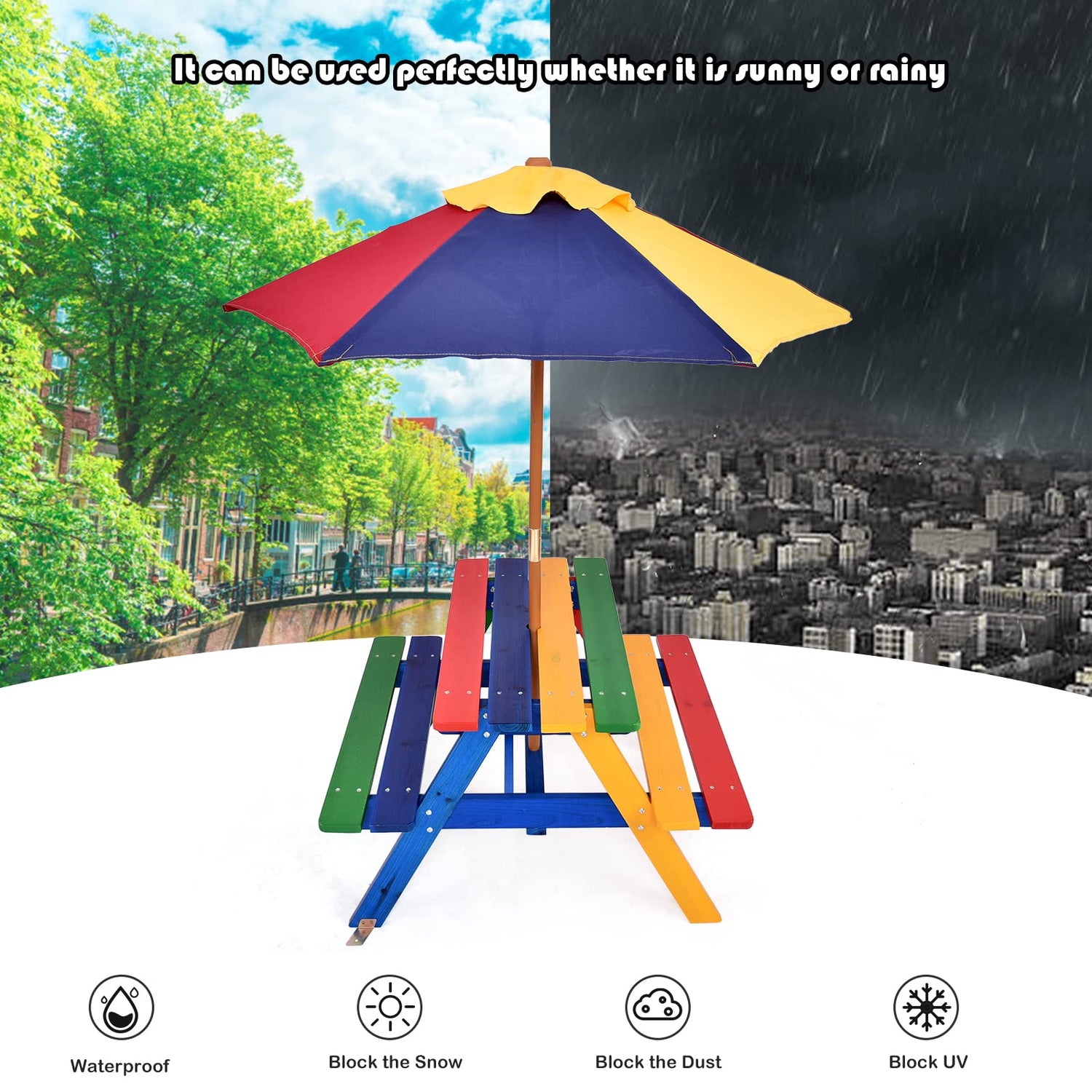GYMAX Wooden Children Garden Table and Bench Set with Removable Umbrella