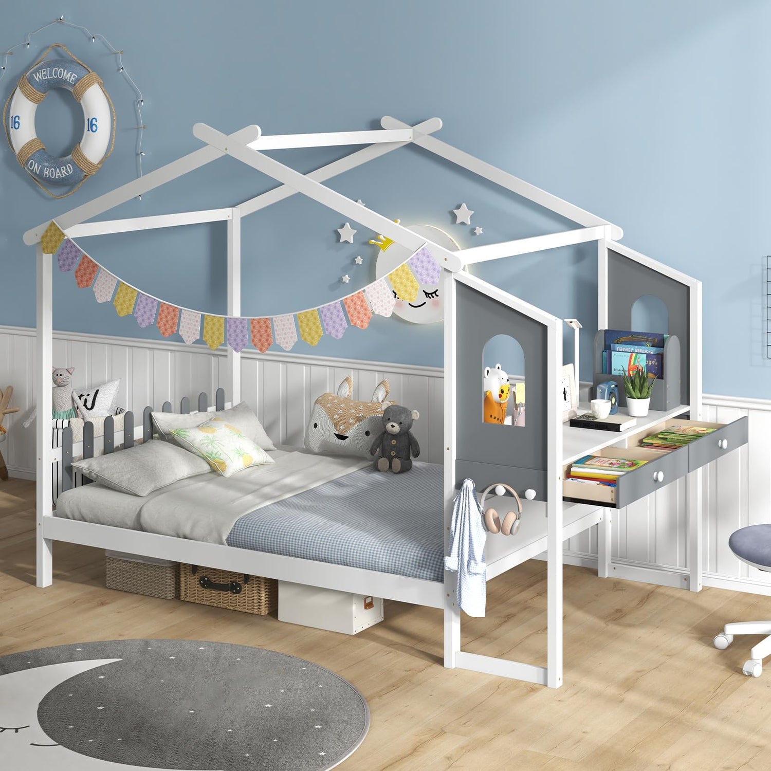 GYMAX Toddler House Floor Bed with Study Desk