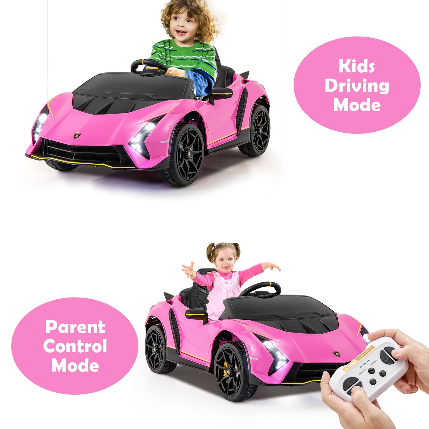 GYMAX Kids Ride on Car, 12V Battery Powered Licensed Lamborghini Car with Remote Control