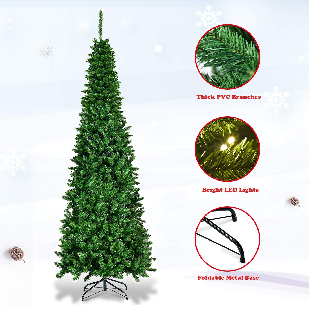 GYMAX 7.5FT Premium Hinged Artificial Pencil Tree with Warm White LED Lights