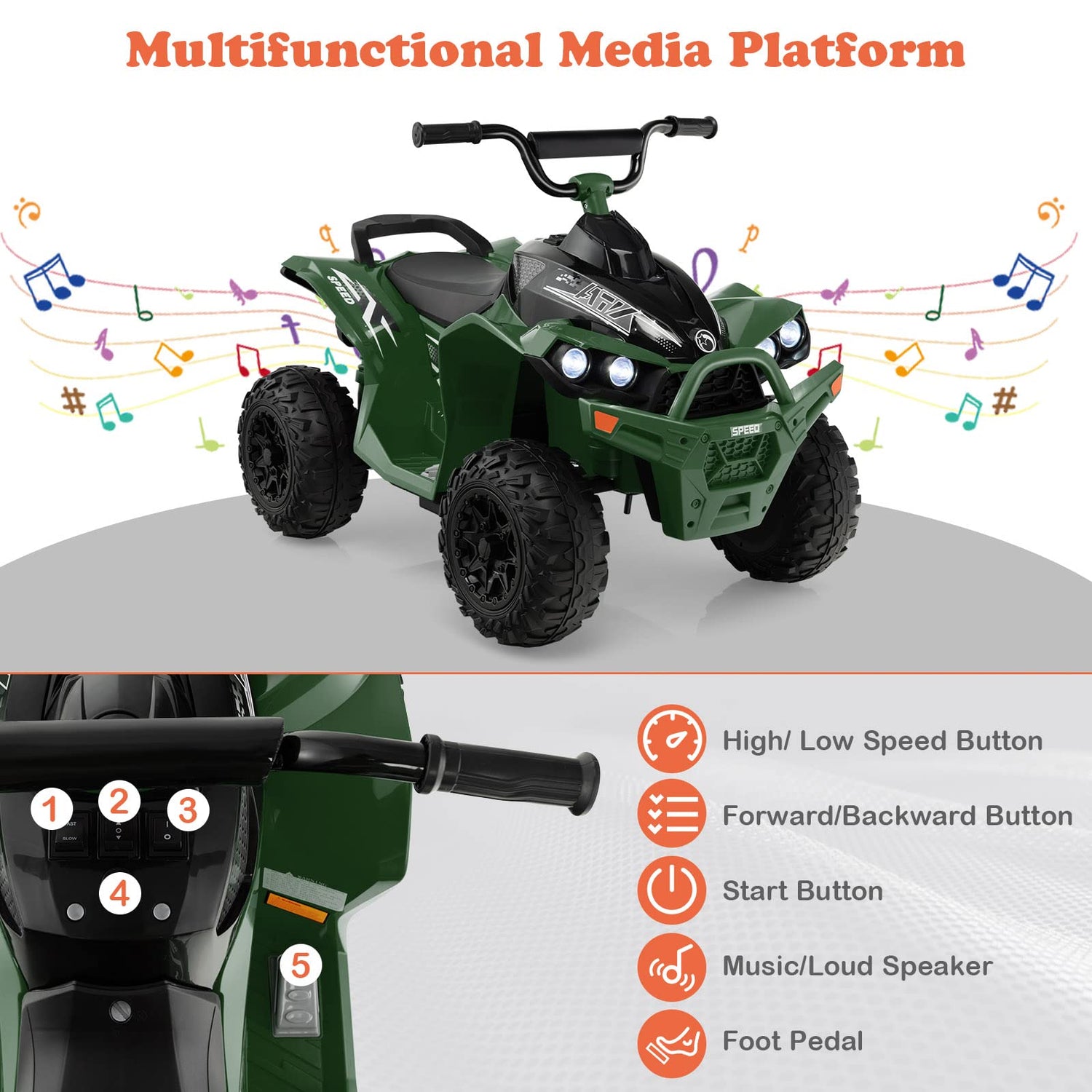 GYMAX Kids Electric Quad Bike, 12V Battery Powered Toy Car with Music, Lights, Horn
