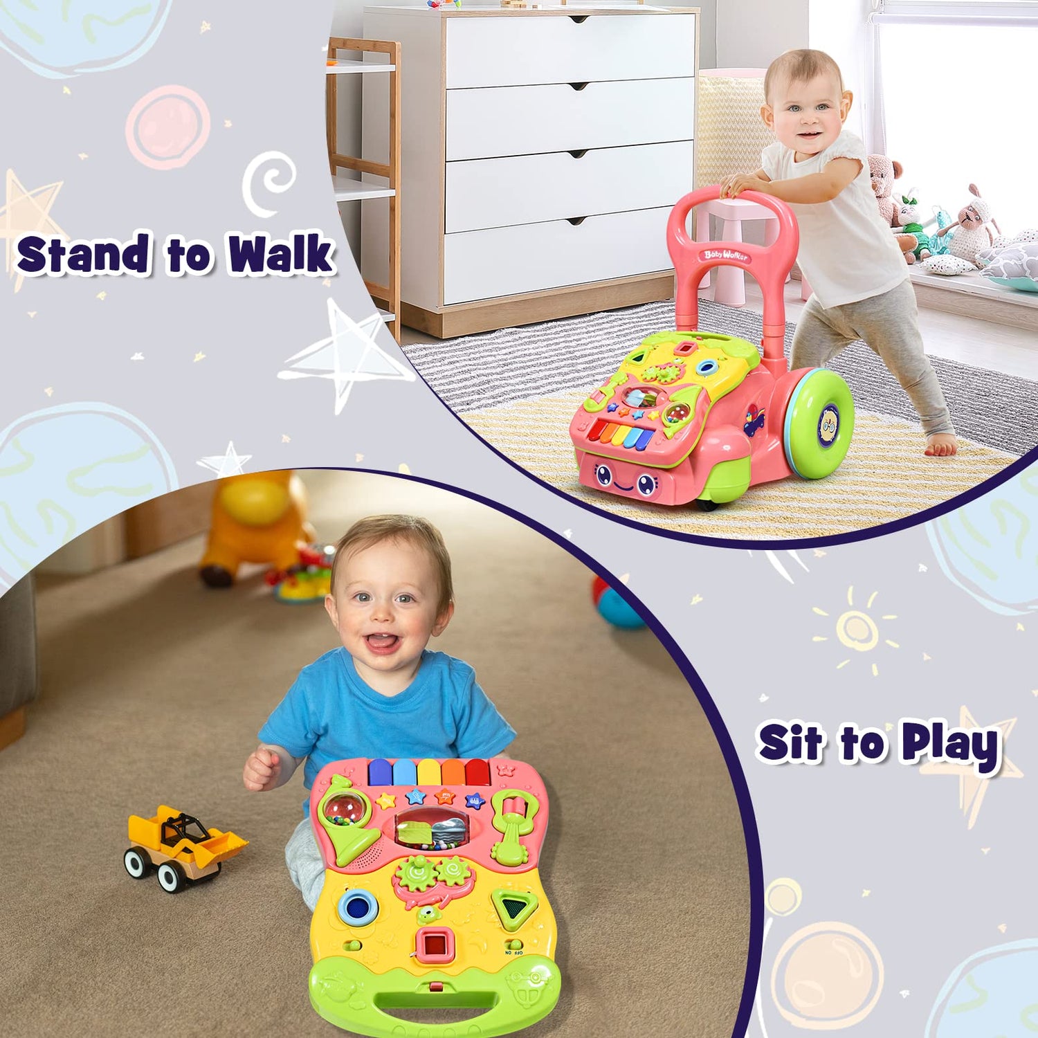 GYMAX Stand Baby Walker, Sit-to-Stand Learning Walker with Music and Lights