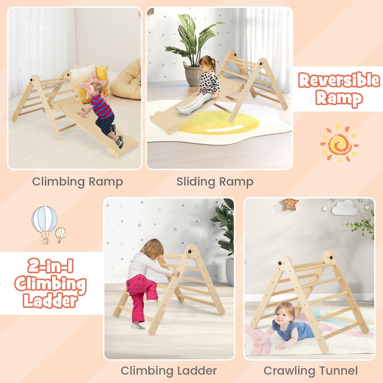 GYMAX 4-in-1 Kids Climbing Set, Wooden Toddler Climber with Slide/Climbing Ramp
